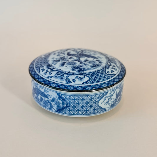Vintage Andrea by Sadek Porcelain Blue & White Peacock Lidded Dish