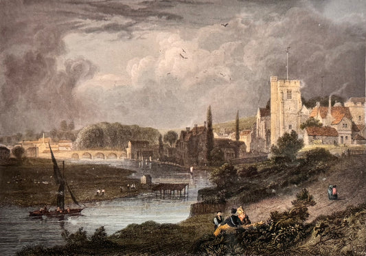 Antique Hand-Coloured Engraving of Maidstone, Kent with Unicorn Crest – Framed, c. 1890
