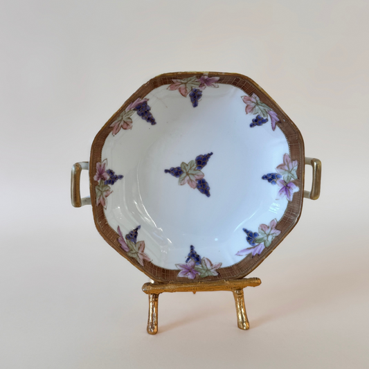 Antique Nippon Hand-Painted Dish | Grape & Leaf Motif | Open Handles | Gold Trim | Maple Leaf Mark