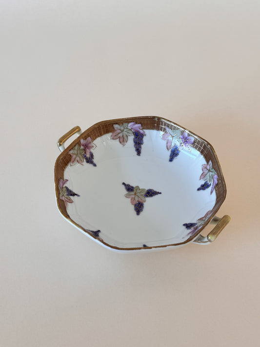 Antique Nippon Hand-Painted Dish | Grape & Leaf Motif | Open Handles | Gold Trim | Maple Leaf Mark