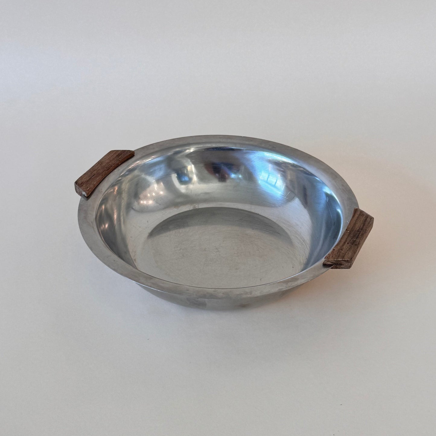 Vintage MCM Stainless Steel Round Dish w/ Teak Handles