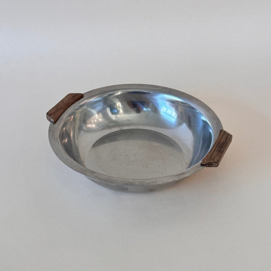 Vintage MCM Stainless Steel Round Dish w/ Teak Handles