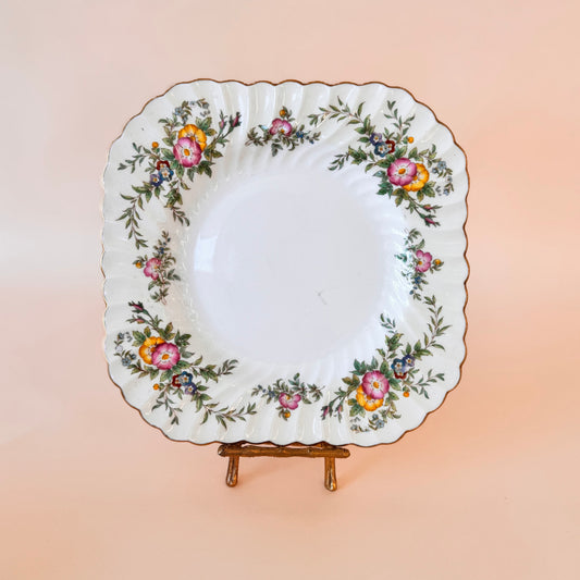 Set of 2 Vintage Minton “York” Bone China Plates – Floral Square Plates with Gold Trim