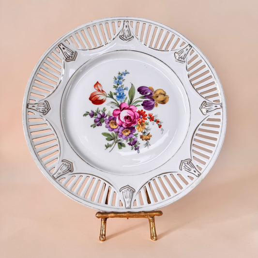 Antique German Reticulated Porcelain Plate – Floral Design – 10.25” Diameter